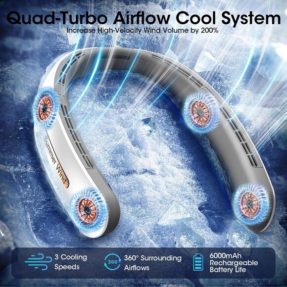 Neck Fan 4 Turbo 6000mAh Portable 360°Cooling Airflow Bladeless w/3 Speeds White - Picture 2 of 5